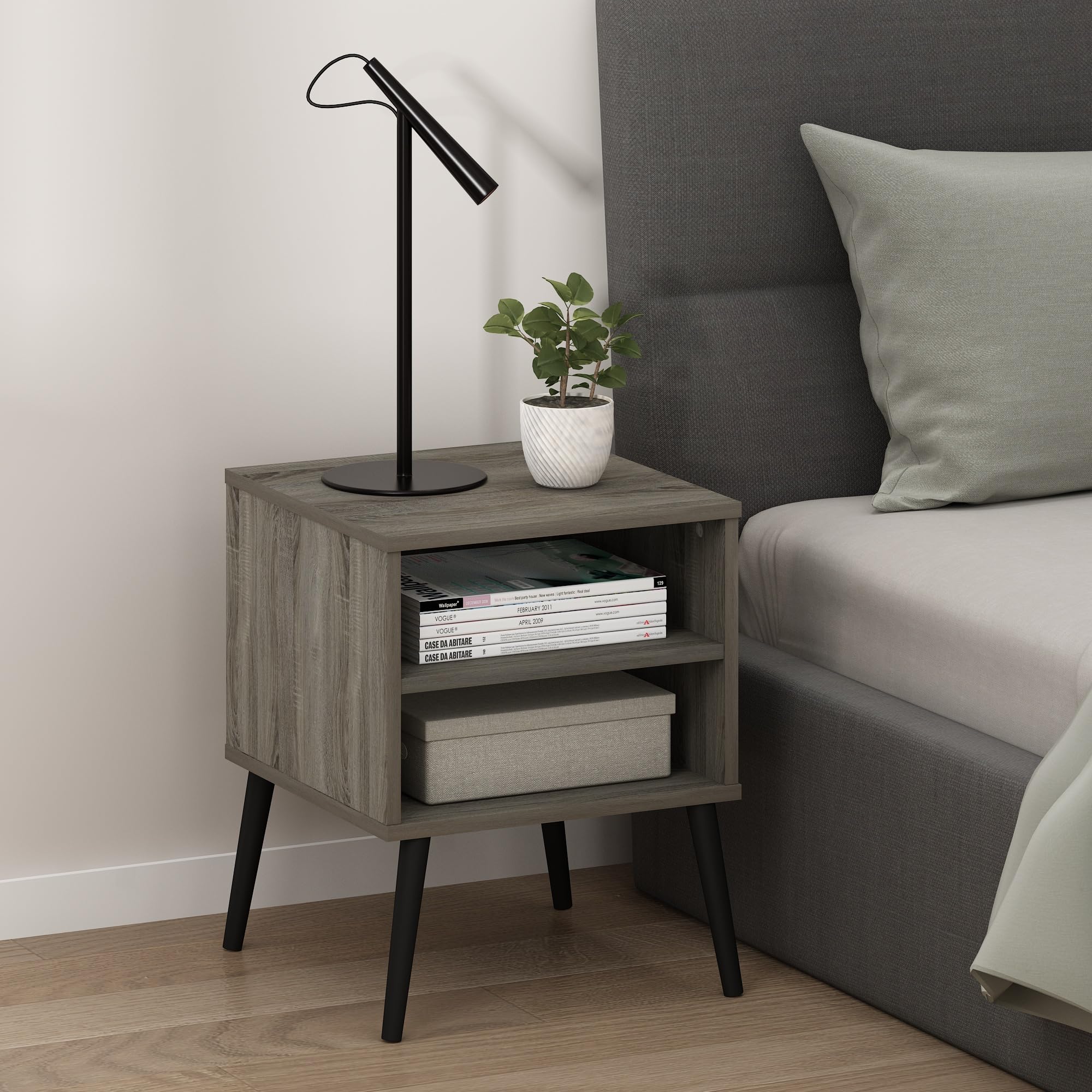 Furinno Claude Mid Century Style Nightstand With Wood Legs, 15.55 (D) X 15.55 (W) X 20.16 (H) Inches, French Oak Grey